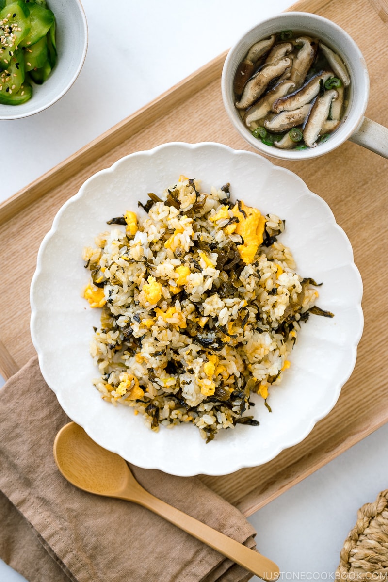 A white plate containing Pickled Mustard Green Fried Rice (Takana Chahan).