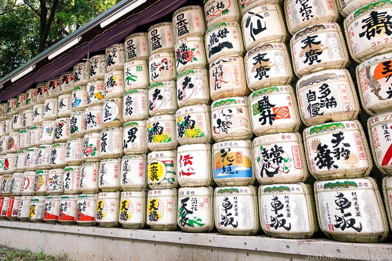 columns of stacked sake barrels