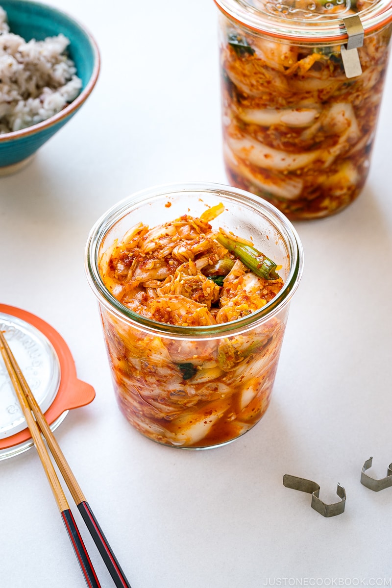 Weck jars containing fresh kimchi.