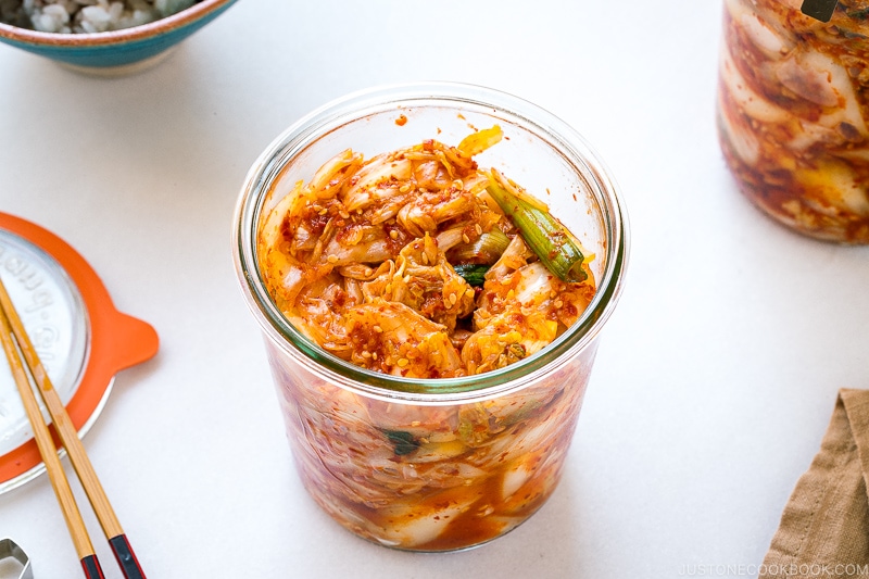 Weck jars containing fresh kimchi.