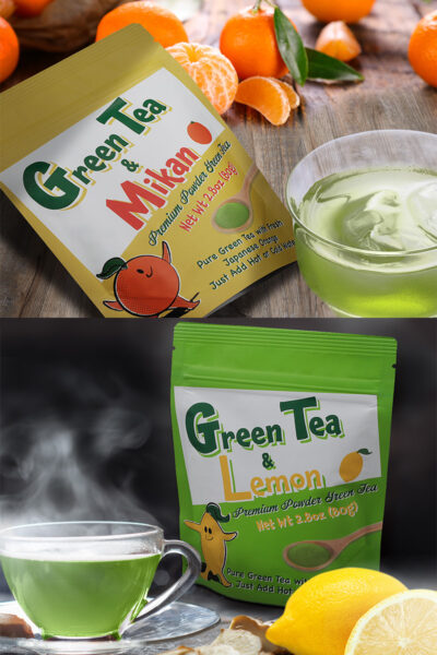 collage of japanese green tea with mikan (Japanese orange) and lemon