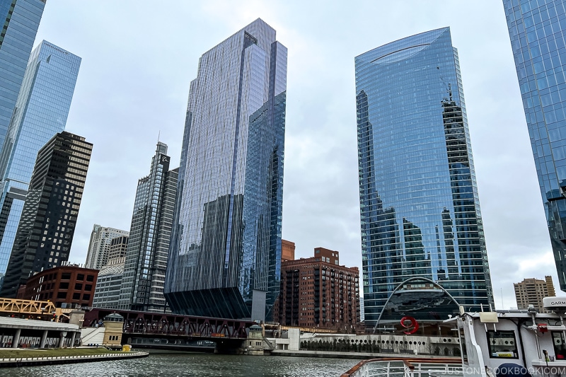 glass buildings along Chicago River