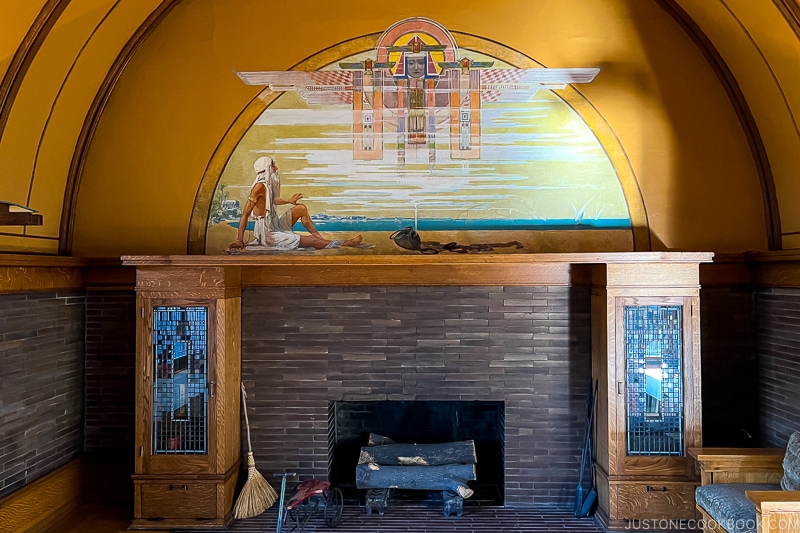 Arabian Nights mural and fireplace at Frank Lloyd Wright Home & Studio
