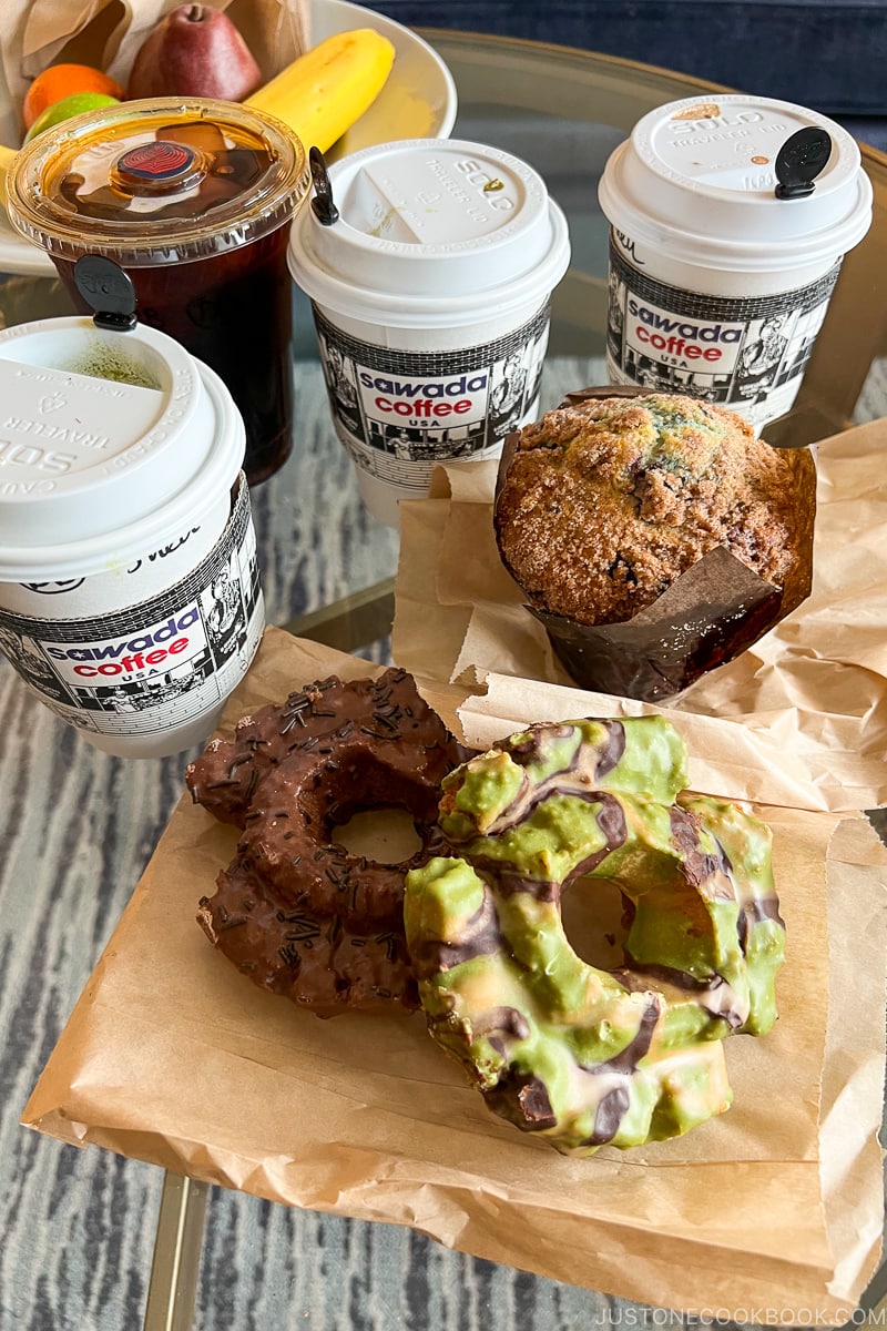 donuts and coffee from sawada coffee on a glass table