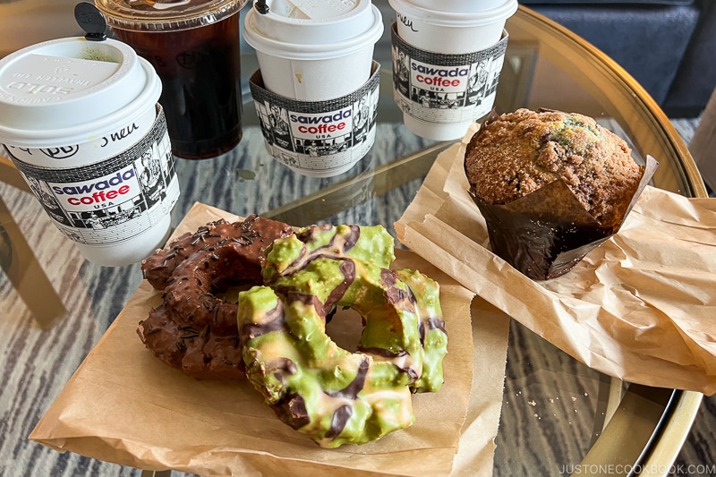 donuts and coffee from sawada coffee on a glass table