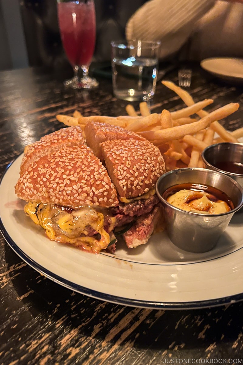 cheeseburger and fries on a plate