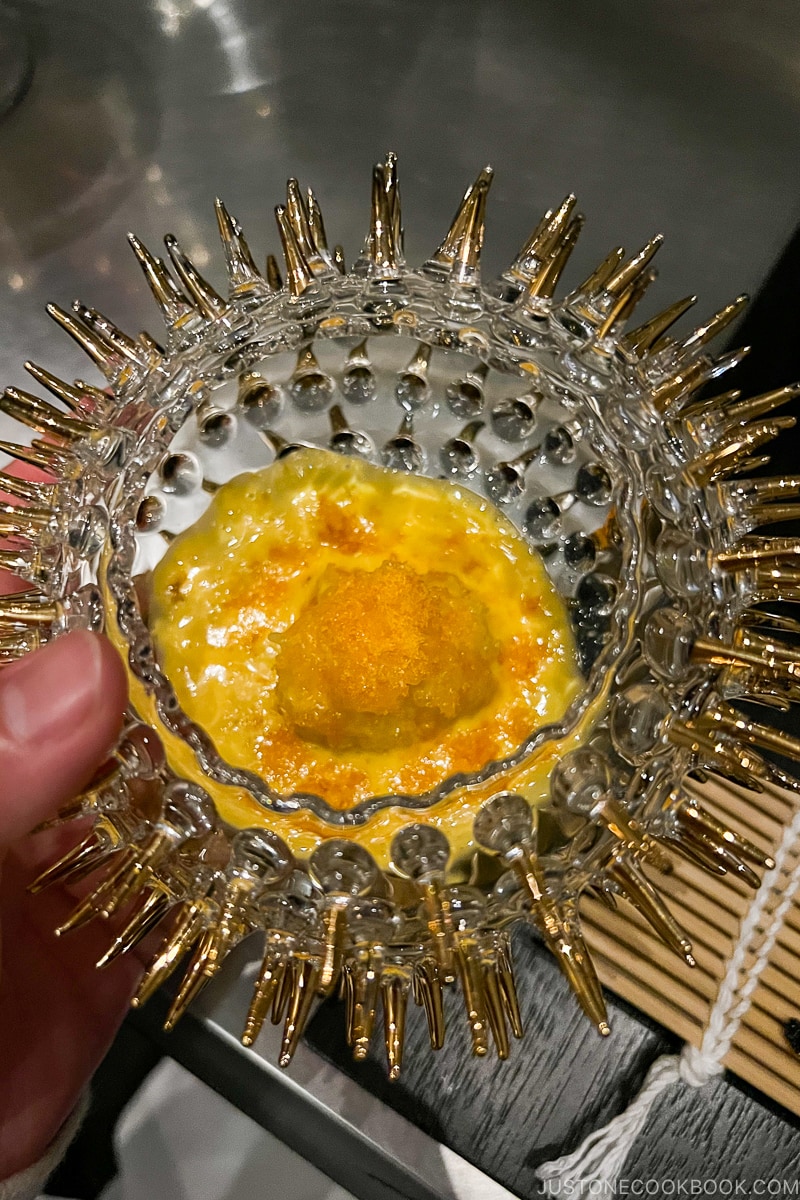 uni rice in a glass bowl with spikes