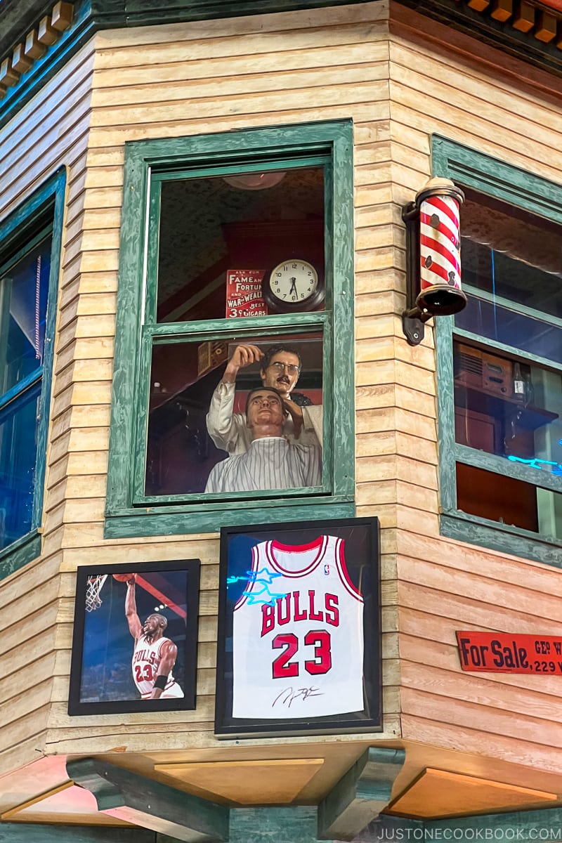 barbershop interior decoration at Portillo's Hot Dogs