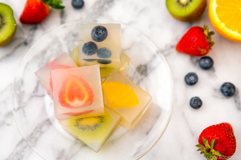 A glass plate containing Fruit Jelly.