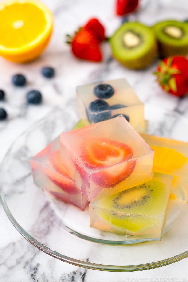 A glass plate containing Fruit Jelly.