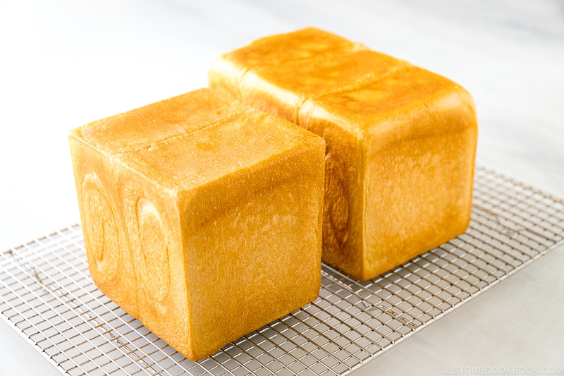 Flat-topped shokupan loaves.