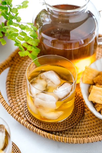 Glasses containing mugicha, Japanese barley tea.