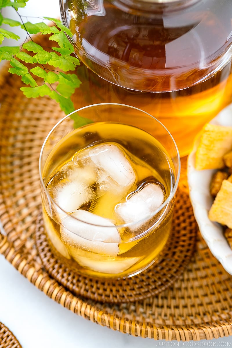 Glasses containing mugicha, Japanese barley tea.