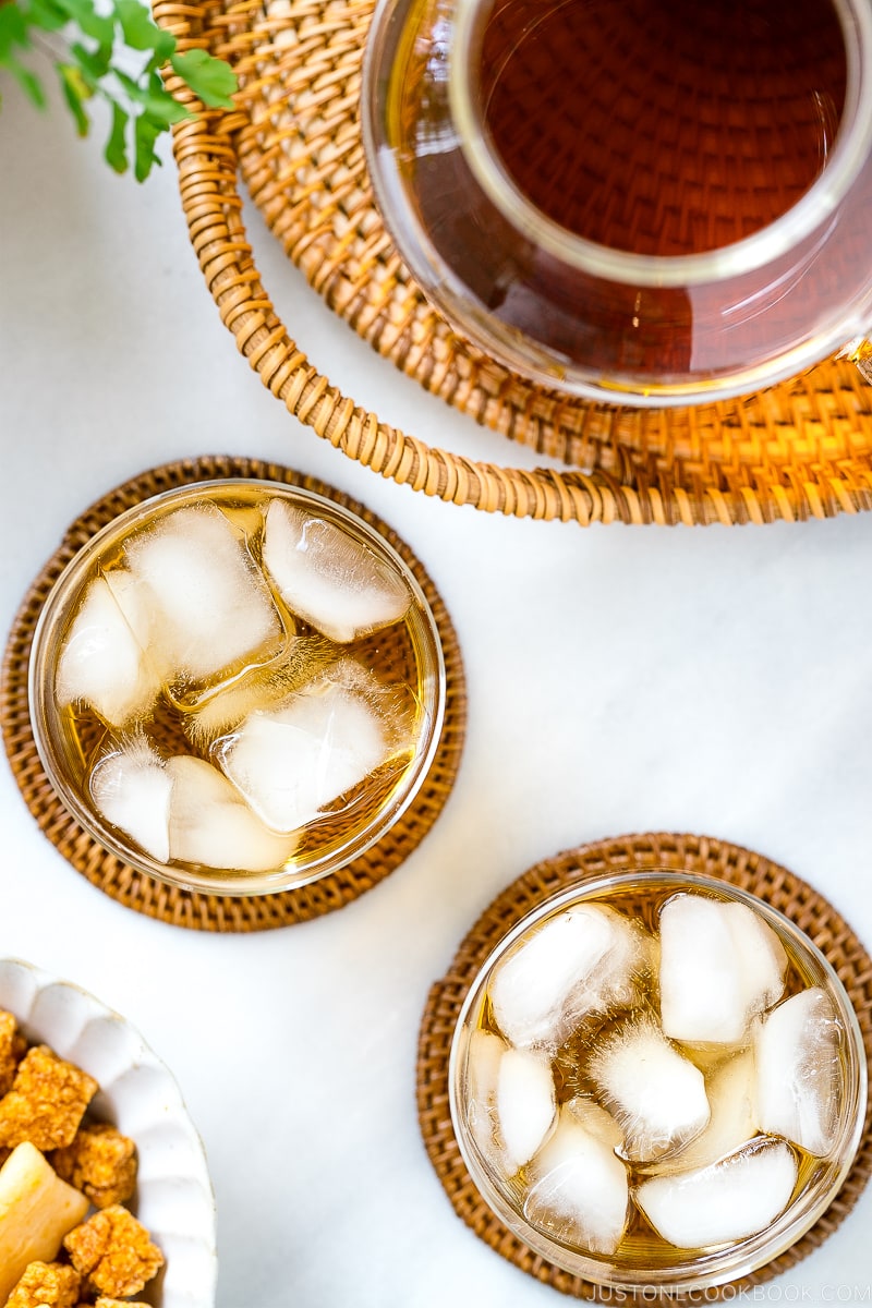 Glasses containing mugicha, Japanese barley tea.