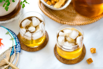 Glasses containing mugicha, Japanese barley tea.