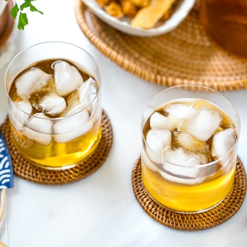 Glasses containing mugicha, Japanese barley tea.