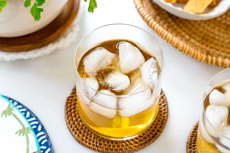 Glasses containing mugicha, Japanese barley tea.