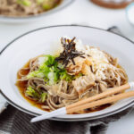 A ceramic bowl containing Oroshi Soba, chilled buckwheat noodles with grated daikon and savory sauce.