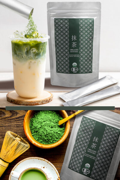 collage showing matcha iced latte and matcha tea with ceremonial Kagoshima organic matcha