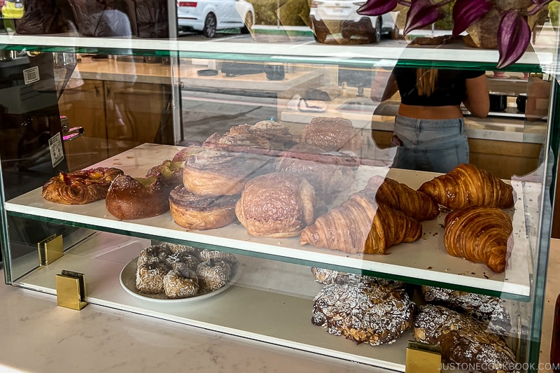 pastries in a glass display case