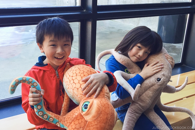 a boy and a girl holding stuffed sea animals