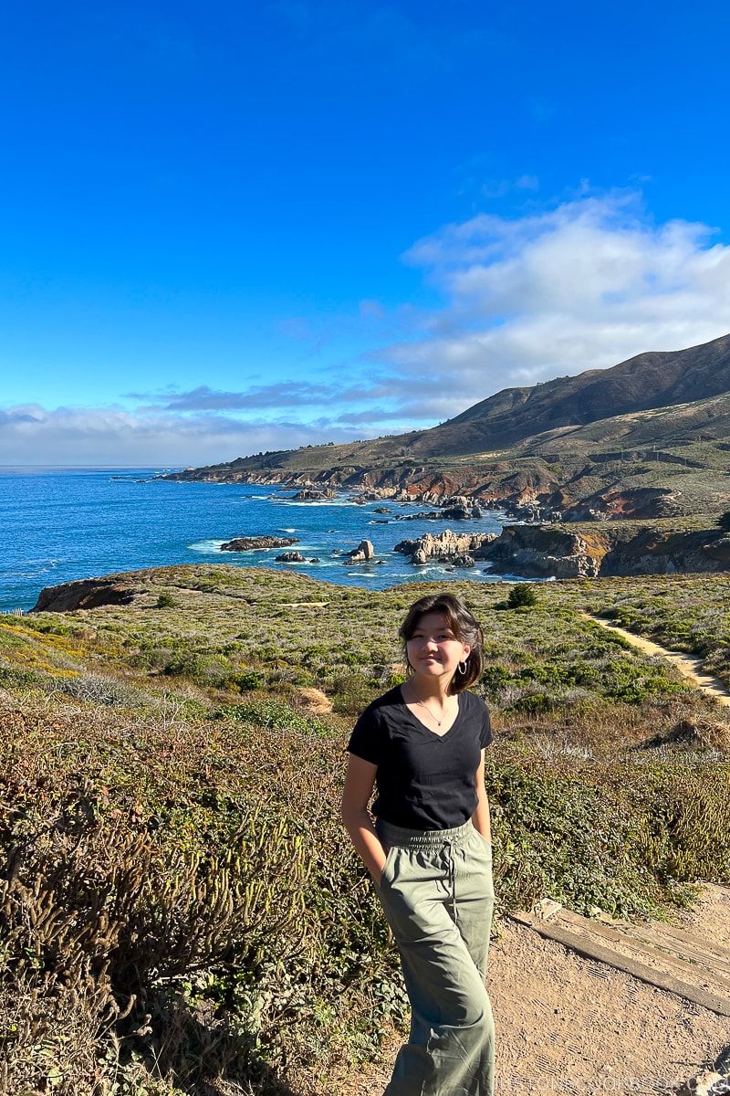 a girl standing in front greenery near the ocean