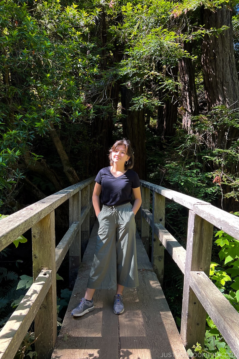 a girl standing on a wooden bridge