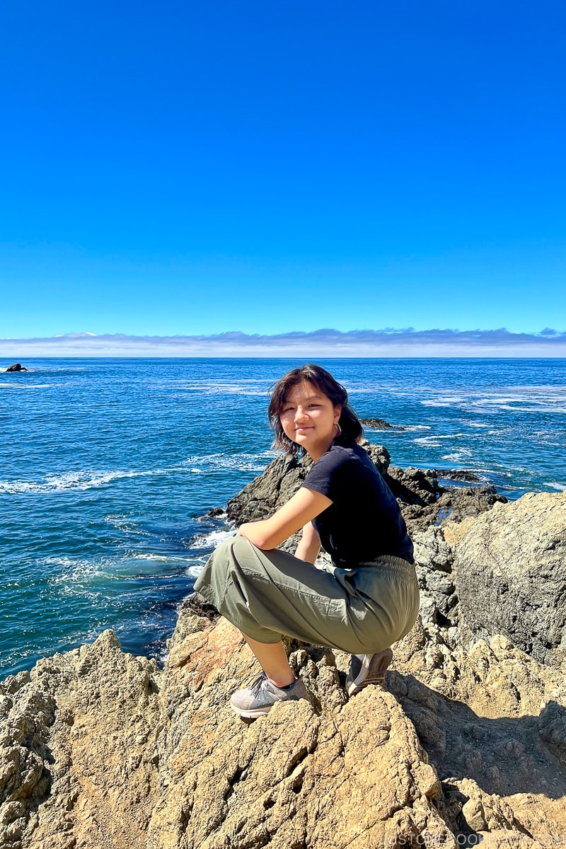 a girl kneeling on rocks next to the ocean