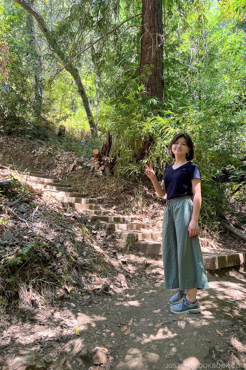 a girl standing next to steps on a trail
