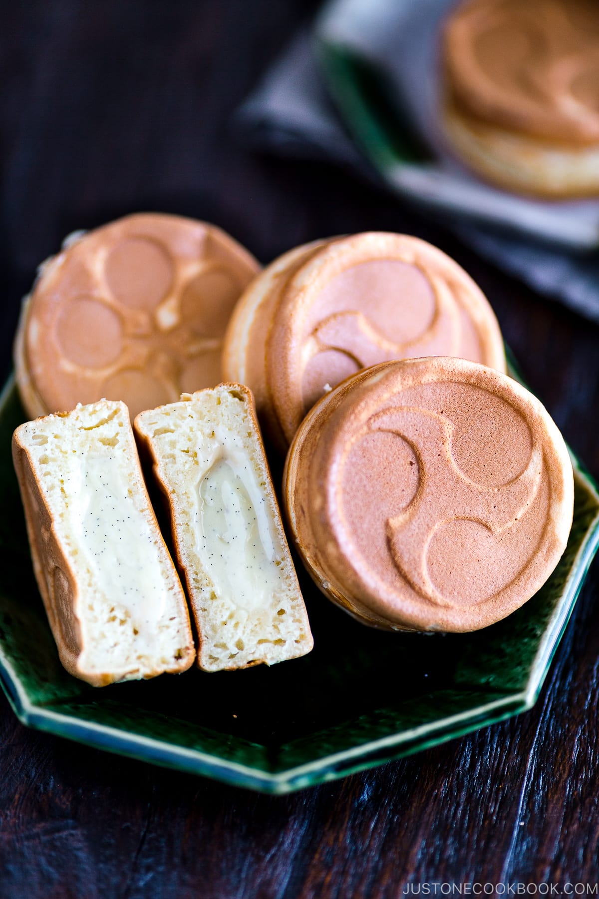 Imagawayaki (Obanyaki) filled with homemade custard cream (pastry cream).