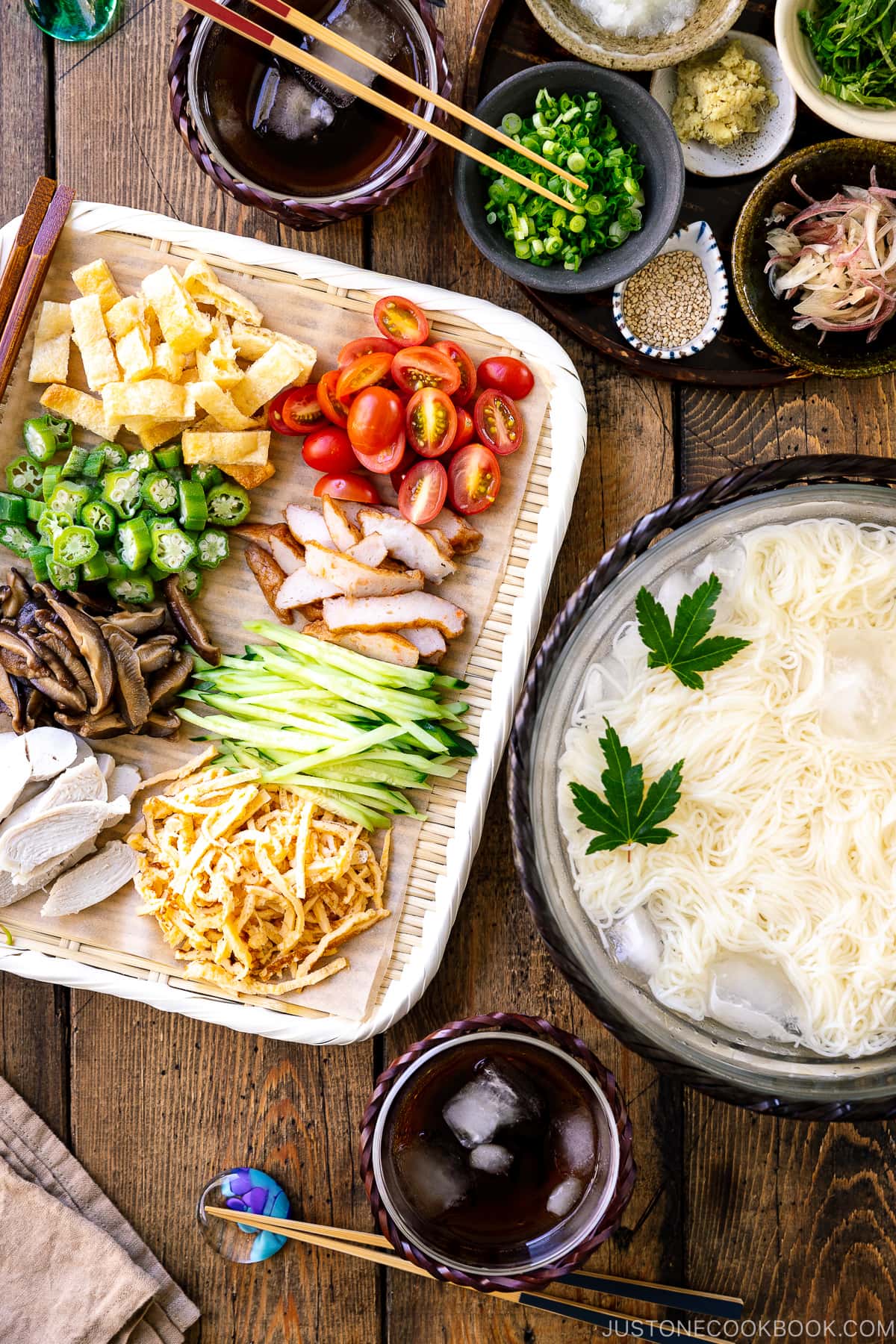 A table setting for cold somen noodles.