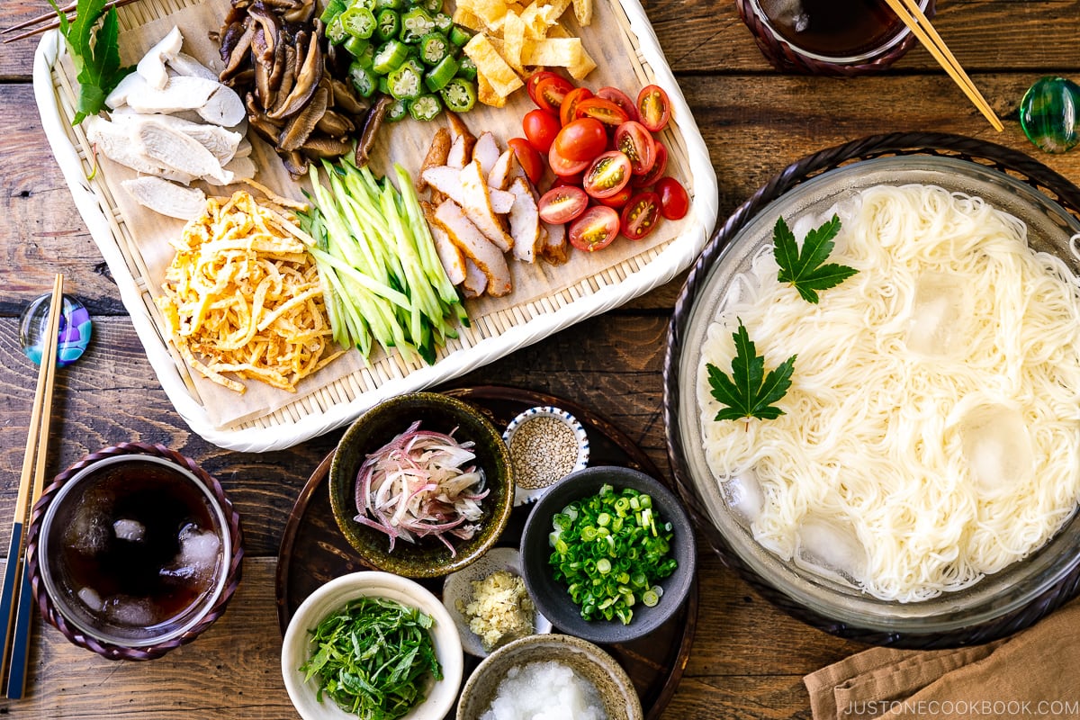 A table setting for cold somen noodles.