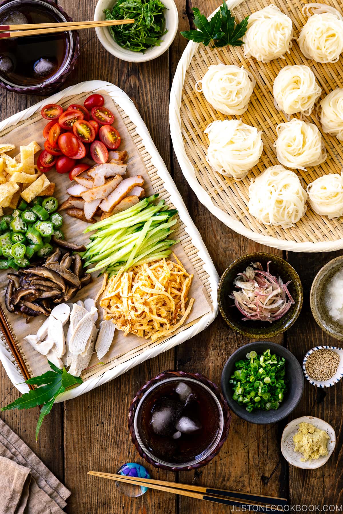 A table setting for cold somen noodles.