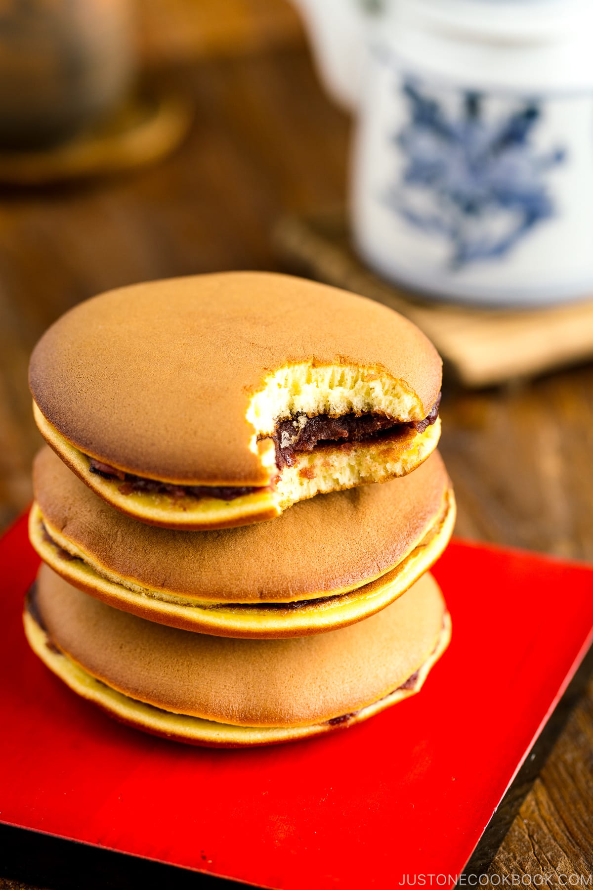 Three dorayaki pancakes on top of each other.