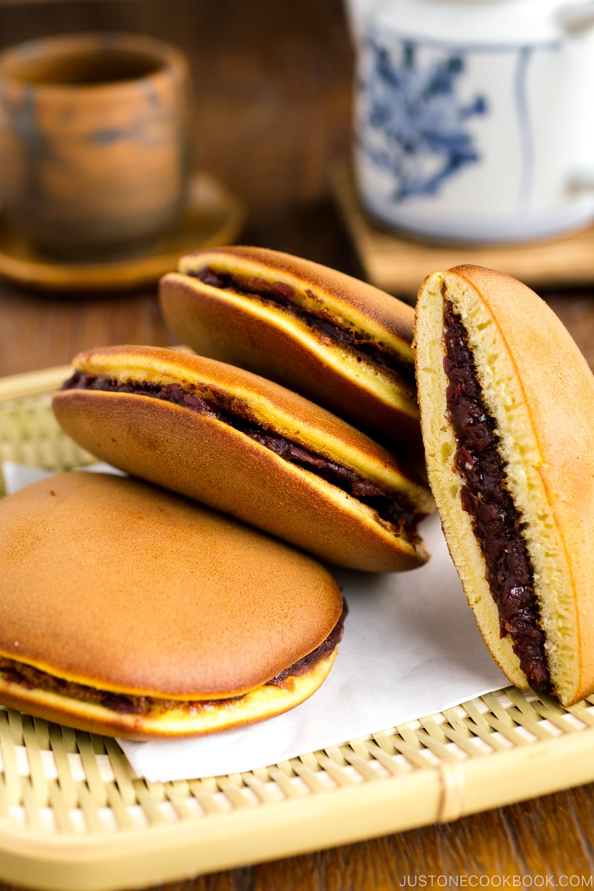 A bamboo tray containing Dorayaki (Japanese red bean pancake).