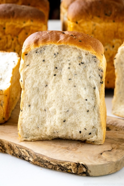 A cross section of Black Sesame Shokupan (Japanese Milk Bread).