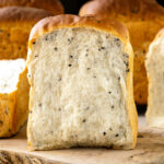 A cross section of Black Sesame Shokupan (Japanese Milk Bread).