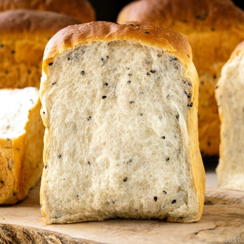 A cross section of Black Sesame Shokupan (Japanese Milk Bread).