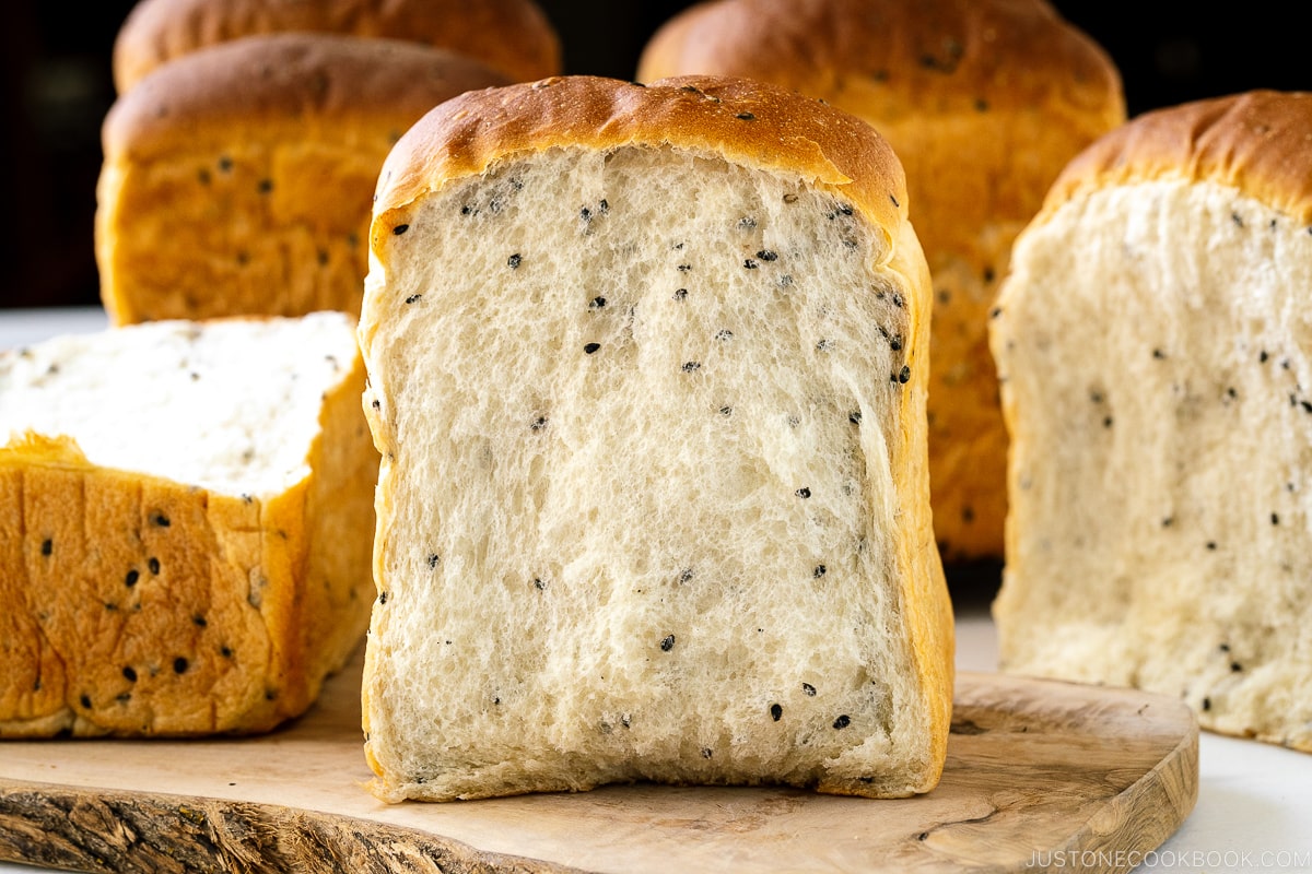 A cross section of Black Sesame Shokupan (Japanese Milk Bread).