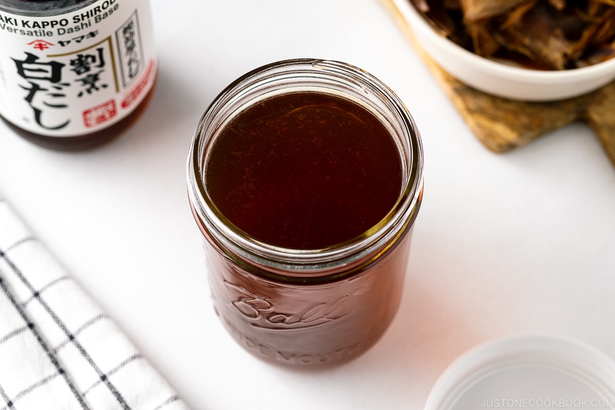 A mason jar containing Homemade Shiro Dashi (Versatile Dashi Base).