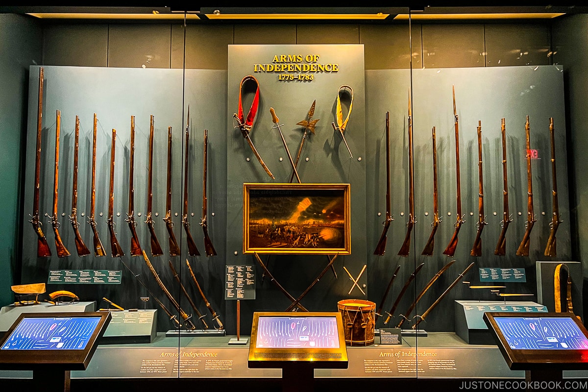 guns and swords behind glass wall