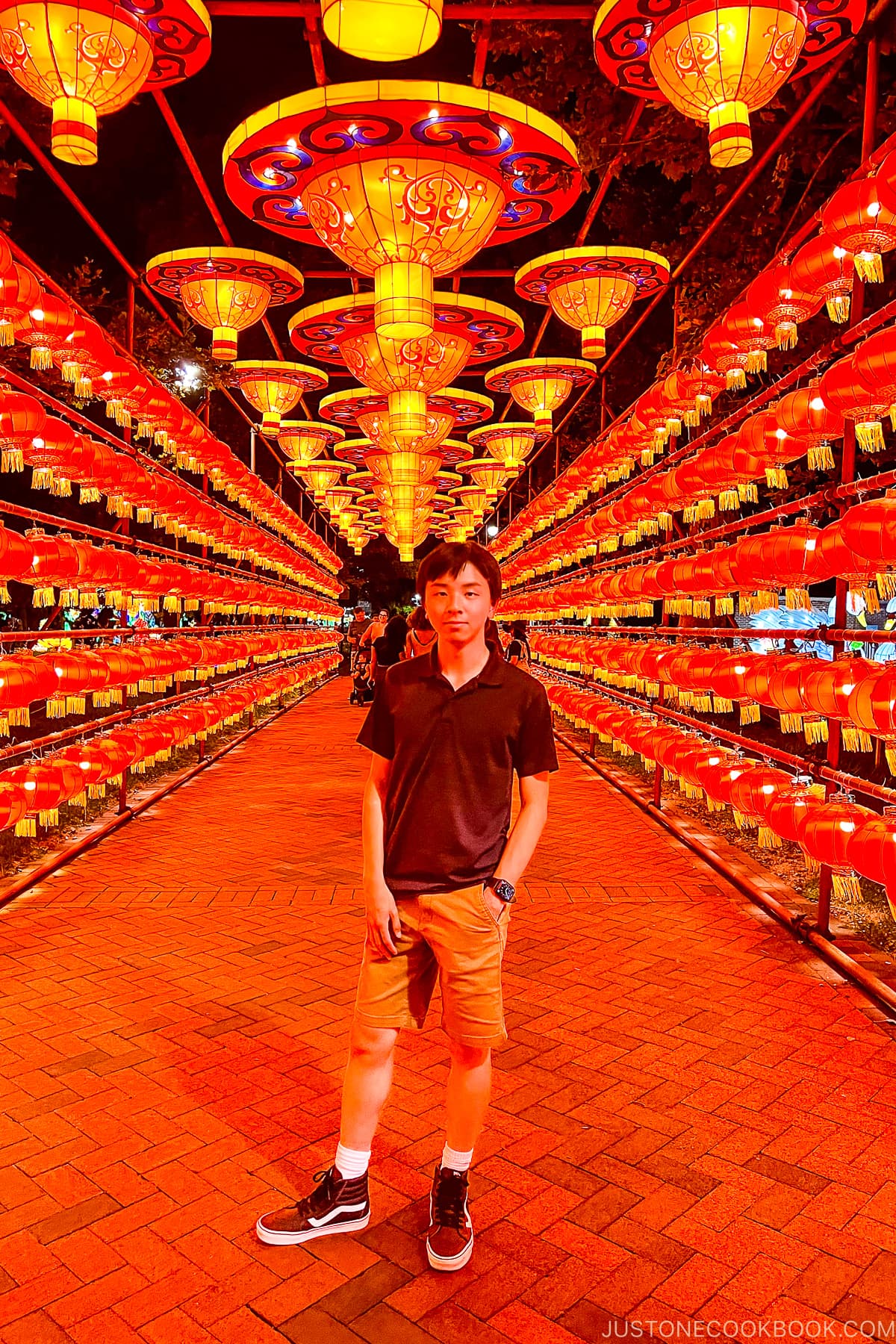 a boy standing under a row of lanterns