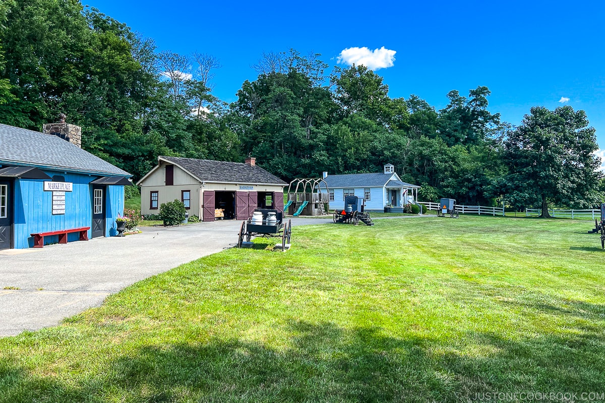 3 small buildings on the left and green lawn to the right