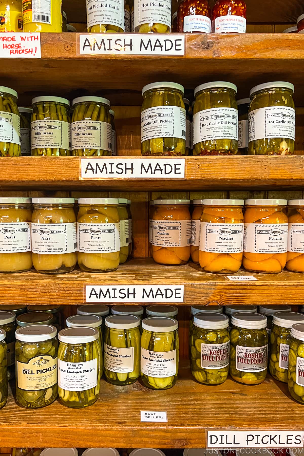 Amish canned goods on shelves