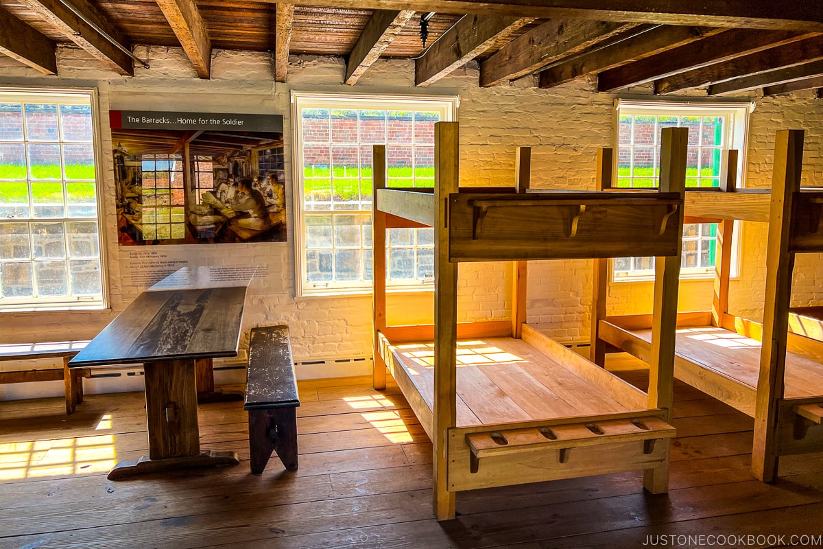 wooden bunk beds inside a room