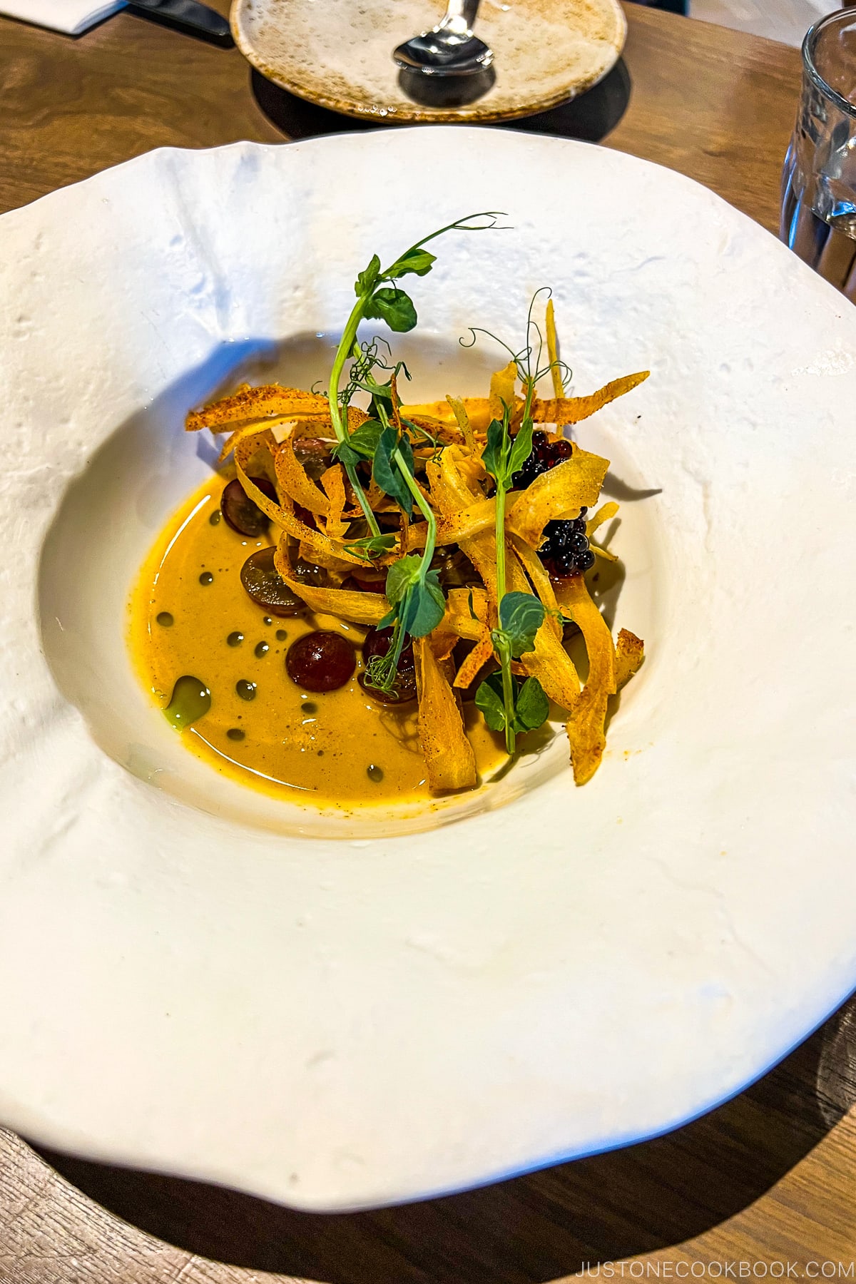 Sautéed wild mushroom blend, spiced coconut milk sauce, red grapes, yuca chips, microgreens, balsamic pearls in a white bowl