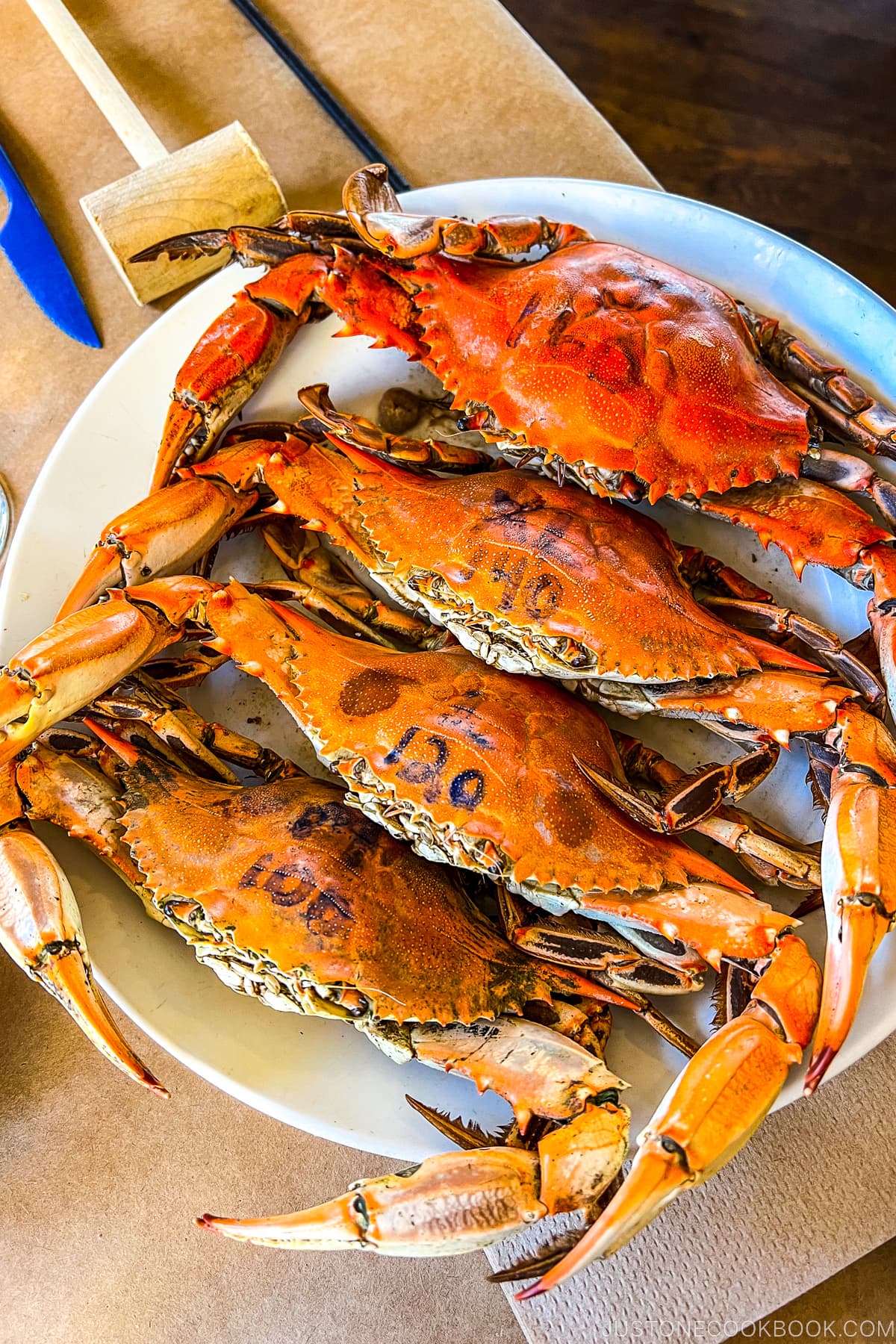 four Maryland blue crabs on a plate