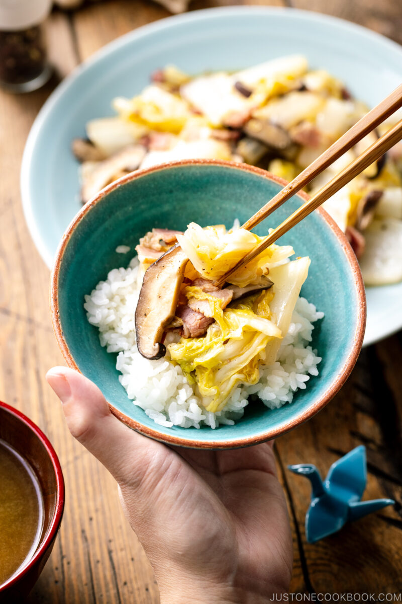 A rice bowl containing steamed rice and napa cabbage stir fry.