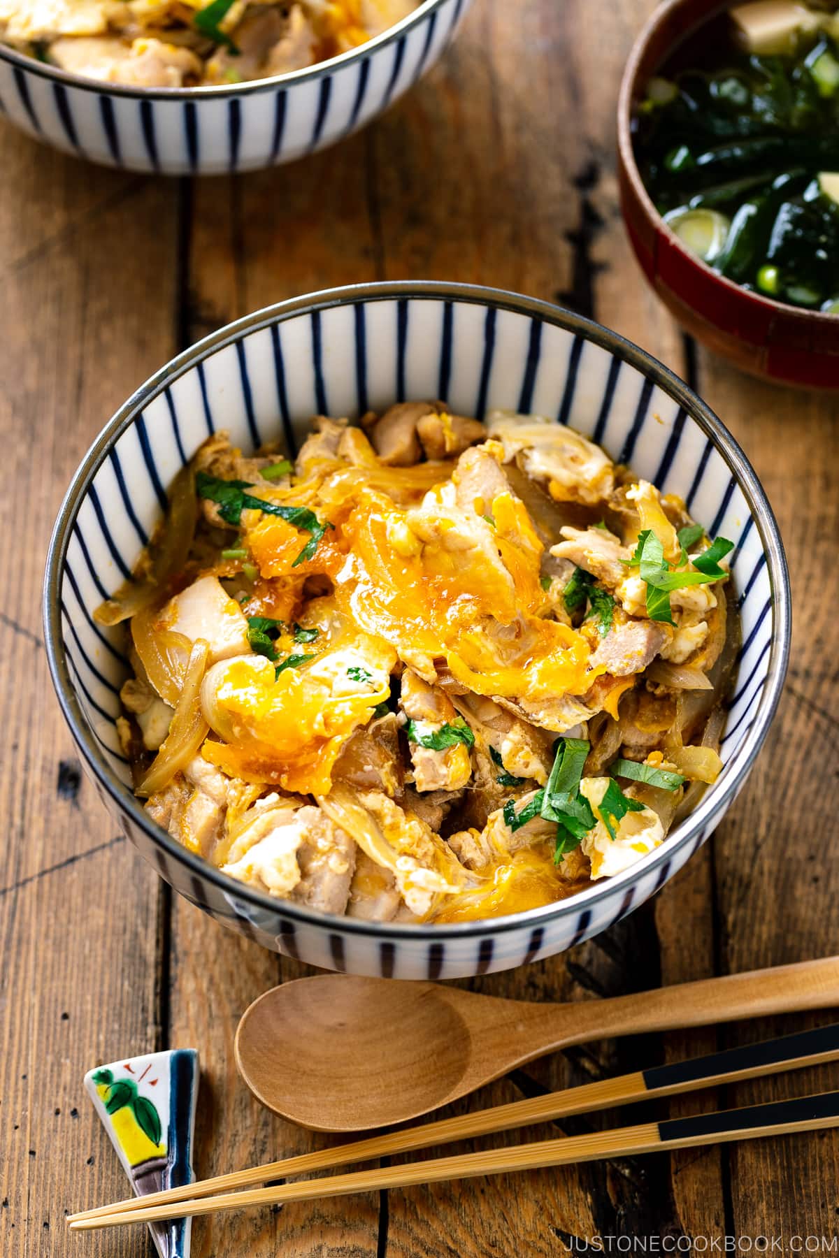 A Japanese donburi bowl containing Oyakodon, chicken and egg rice bowl.