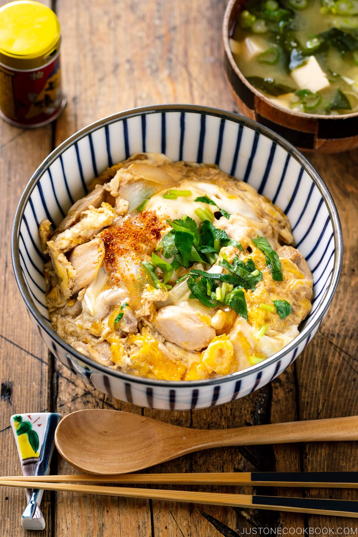 A Japanese donburi bowl containing Oyakodon, chicken and egg rice bowl.